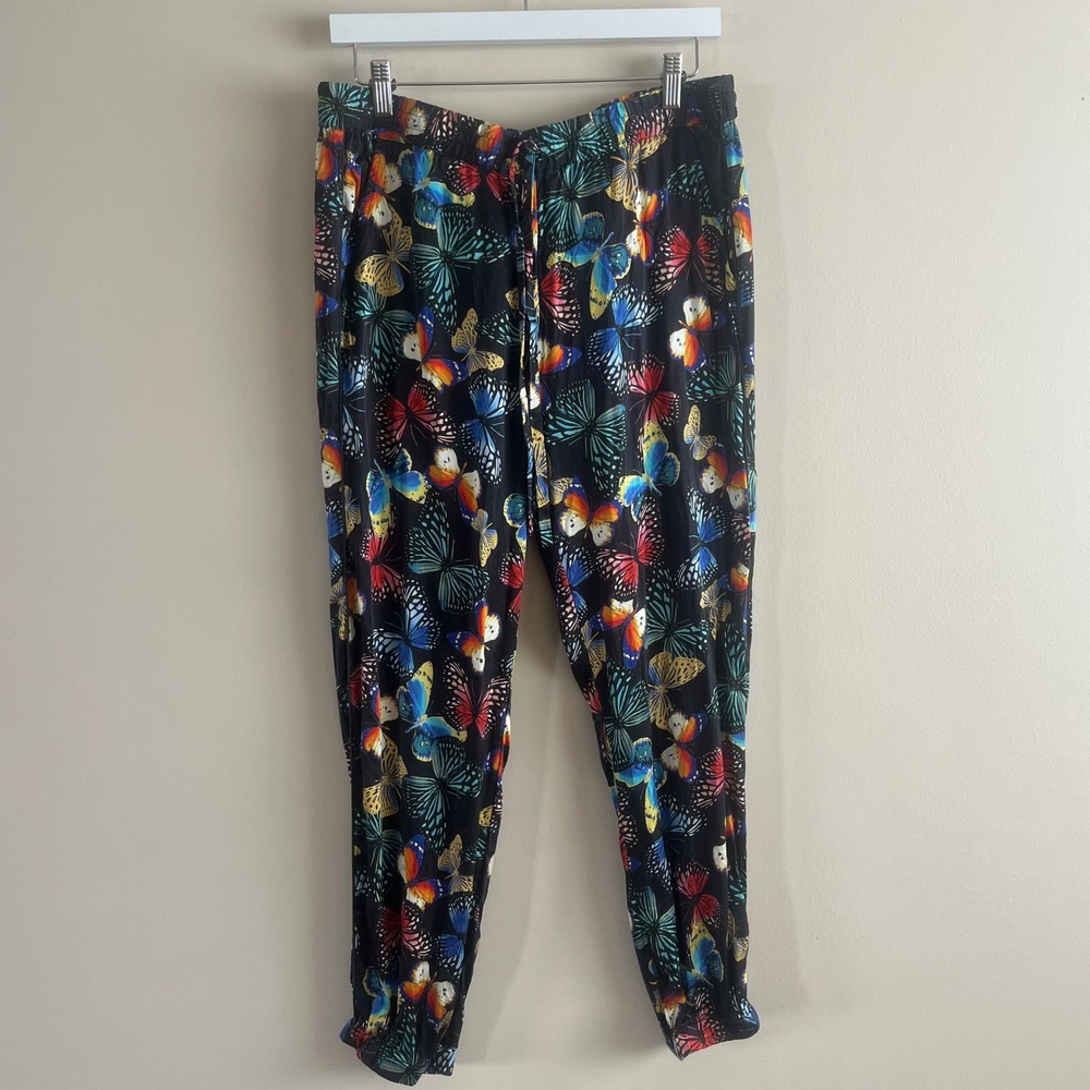 Johnny Was Panya Butterfly Jogger Silk Pants Black Multicolor Print Size M